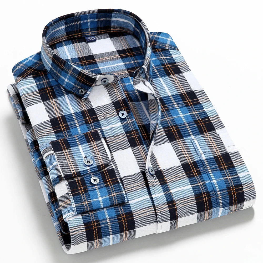 Moda masculina casual xadrez escovado camisa de manga longa, confortável 100% algodão botão para baixo fino ajuste grosso flanela camisas de outono