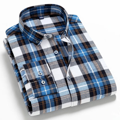 Moda masculina casual xadrez escovado camisa de manga longa, confortável 100% algodão botão para baixo fino ajuste grosso flanela camisas de outono