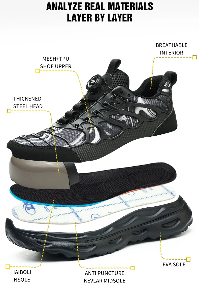 2025 botão rotativo sapatos de segurança homens anti esmagamento anti piercing sapatos de trabalho homens sapatos de dedo do pé de aço antiderrapante sapatos indestrutíveis