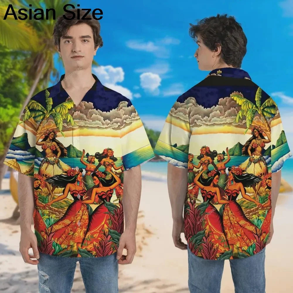 Camisas Hula Girl Aloha, camisas havaianas amarelas Hula Girl Beach, manga curta retrô, camisas unissex de verão Aloha Beach, tops femininos