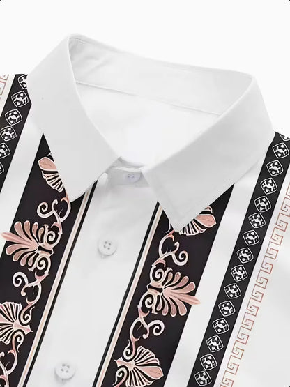 Nova camisa masculina de manga comprida com padrão geométrico – estilo primavera-outono, gola moderna e retrô, camisa com botões. Envio rápido.