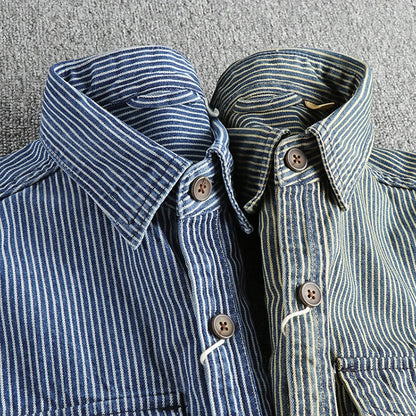 Camisa jeans vintage para homens, moda europeia e americana, casaco casual, tecido listrado com fios tingidos, lavado