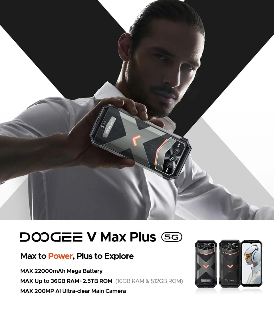 Estreia mundial doogee v max plus telefone robusto 22000mah 36gb (16 +20) 512gb 200mp câmera telefone 6.58 "120hz dimensão 7050 android14