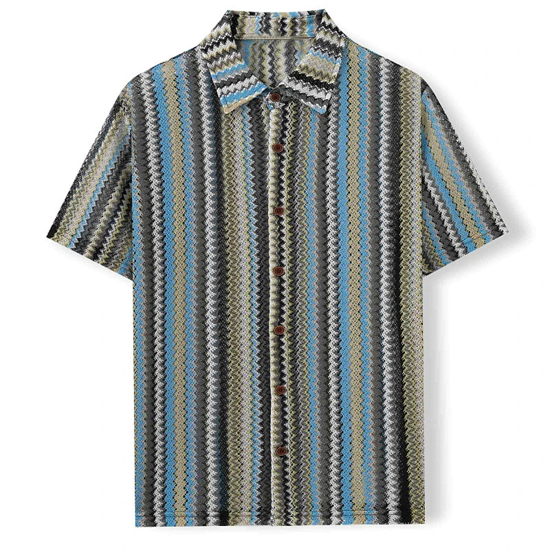 Novo étnico listrado masculino cardigan topos chique oco para fora manga curta casual camisa de renda moda streetwear premium blusa respirável