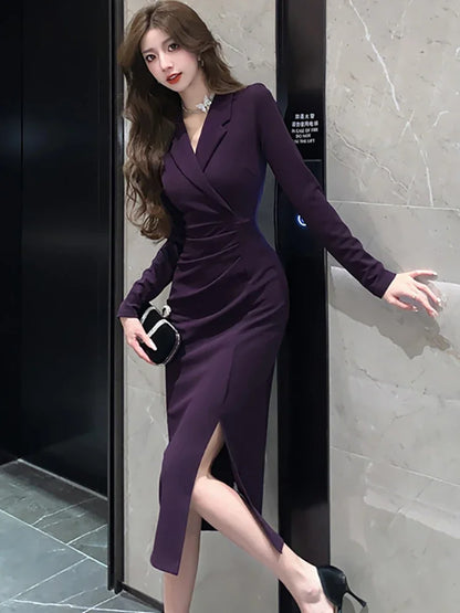 Purpled elegante plissado bodycon terno vestido para mulher 2025 moda coreana vestido formal outono inverno chique sob medida vestido de ocasião