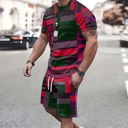 Conjunto de camiseta e shorts estampados em retalhos 3D masculino, traje de treino gola redonda, roupas esportivas casuais, roupas de manga curta, moda verão, 2 peças, 2024
