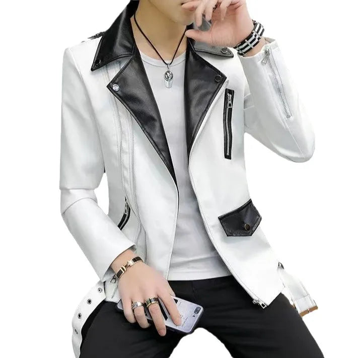 2025 masculino novo bonito, novo zíper oblíquo, jaqueta de couro PU locomotiva combinando com cores casuais