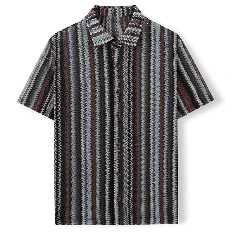 Novo étnico listrado masculino cardigan topos chique oco para fora manga curta casual camisa de renda moda streetwear premium blusa respirável