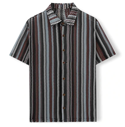 Novo étnico listrado masculino cardigan topos chique oco para fora manga curta casual camisa de renda moda streetwear premium blusa respirável