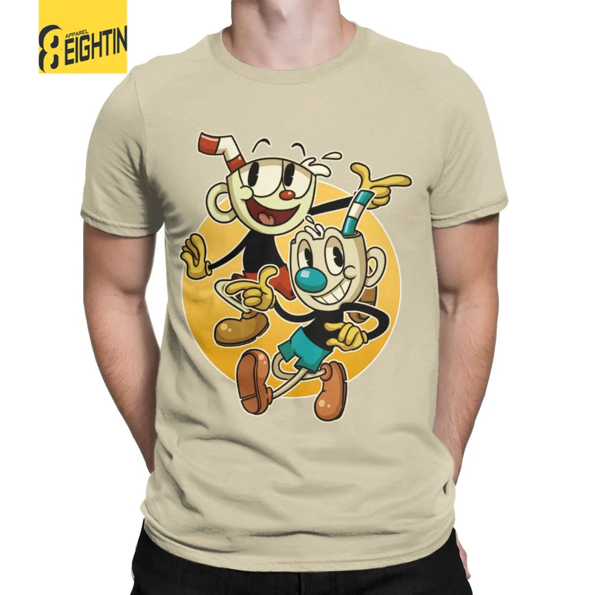 Cuphead & mugman retro jogos camisetas masculinas engraçado camiseta de manga curta o pescoço t-shirts algodão roupas tamanhos grandes