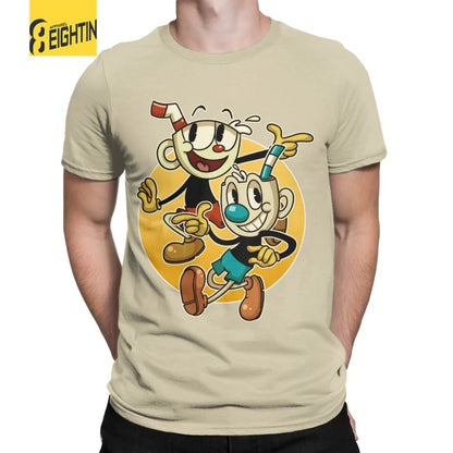 Cuphead & mugman retro jogos camisetas masculinas engraçado camiseta de manga curta o pescoço t-shirts algodão roupas tamanhos grandes