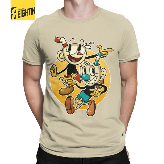 Cuphead & mugman retro jogos camisetas masculinas engraçado camiseta de manga curta o pescoço t-shirts algodão roupas tamanhos grandes