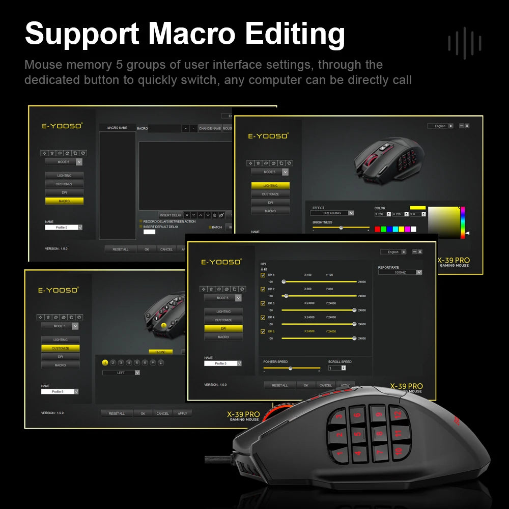 E-YOOSO X-39 USB Wired RGB Gaming Mouse 24000 DPI SG8960 19 botões mouse óptico de jogo programável para computador PC laptop
