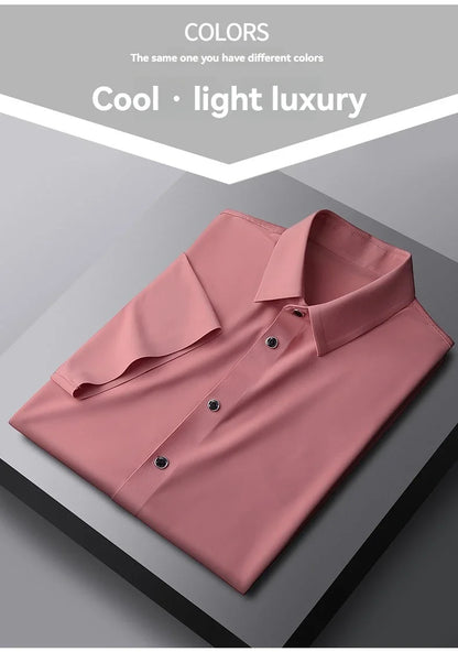 Nova alta qualidade de seda gelo negócios masculinos casual camisa de manga curta verão ultra-fino respirável esportes ao ar livre cor sólida topo