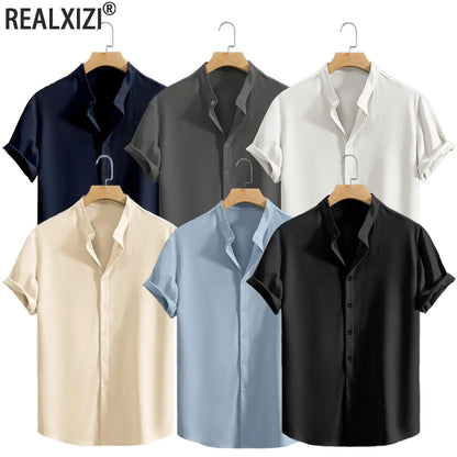 Camisa casual masculina de manga curta, gola alta, verão, cor sólida, manga curta, camisa de linho, respirável, praia, tops masculinos