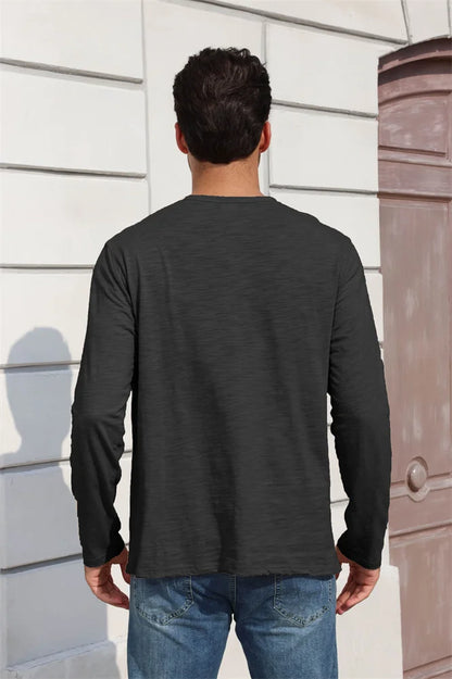 Outono nova camiseta masculina de manga longa casual estilo simples henley pescoço respirável leve algodão topos moda masculina