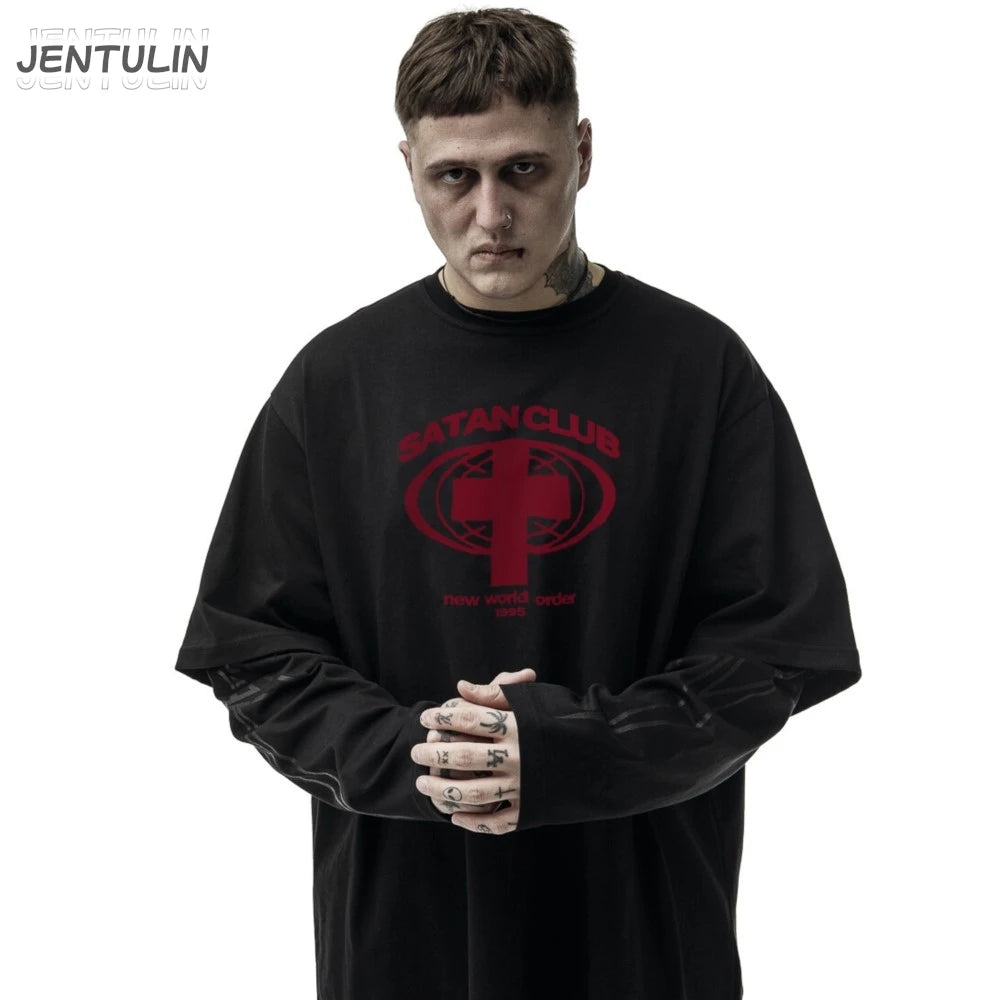Camiseta gráfica estampada do Satan Club dos homens, roupas Hip Hop, tops de manga comprida, streetwear gótico, Harajuku, Y2K, Hip Hop, 2 peças
