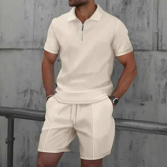 Verão masculino esportes polo terno de manga curta elegante zíper camisa polo e shorts conjunto masculino casual streetwear 2 peças lazer esportes conjunto