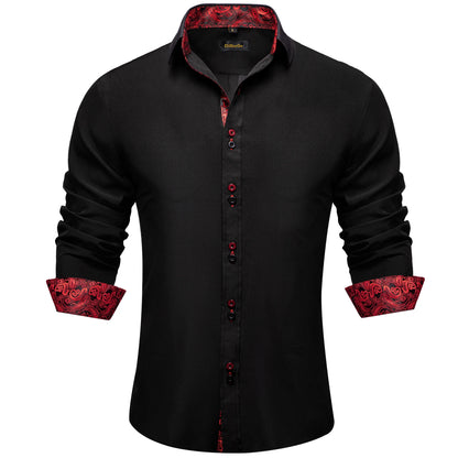 DiBanGu Camisa Masculina de Manga Longa Preto Sólido Vermelho Paisley Cor Contraste Moda Vestido Camisa para Homens Gola Botão para baixo Roupas Masculinas