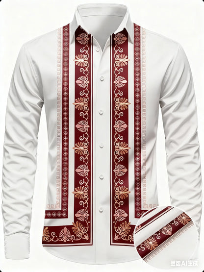 Nova camisa masculina de manga comprida com padrão geométrico – estilo primavera-outono, gola moderna e retrô, camisa com botões. Envio rápido.