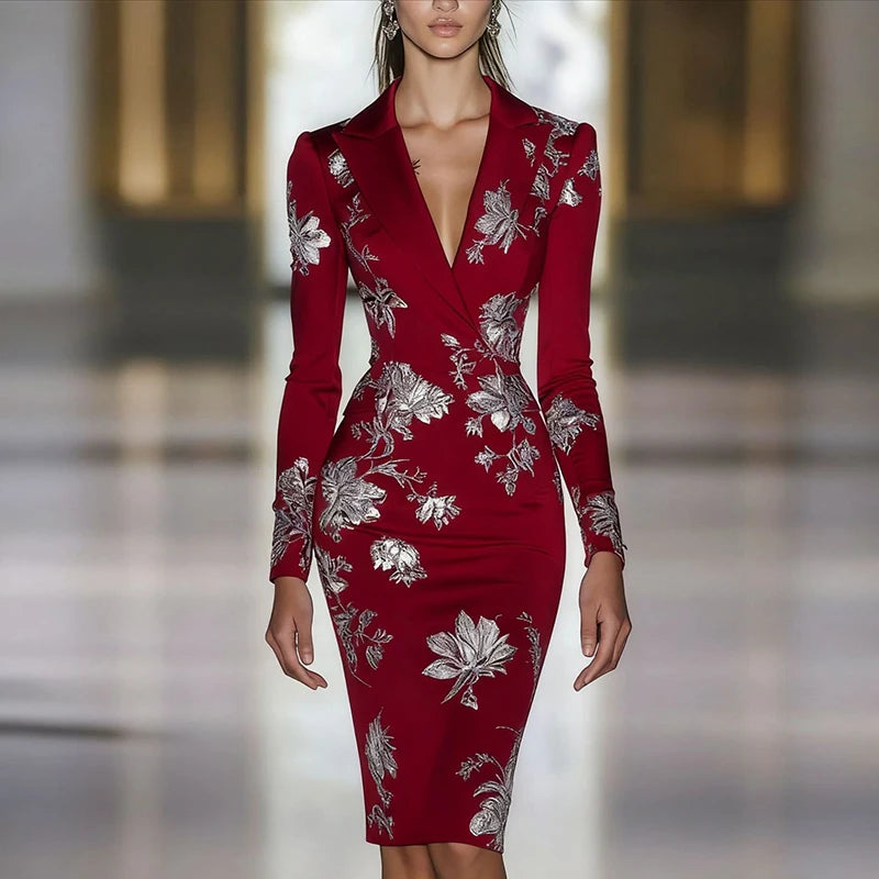 Mulher roupas vestidos 2025 primavera floral impressão bodycon elegante vestido de noite outono manga longa turn-down colarinho vestidos de viagem