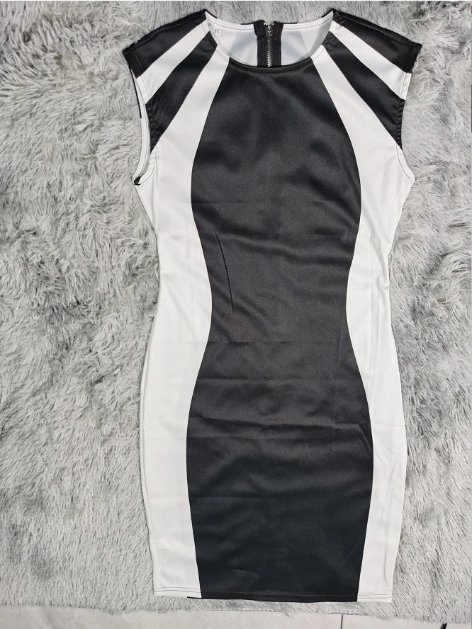 Mulheres elegantes vestidos de festa clube 2025 verão moda colorblock em torno do pescoço bodycon vestido sem mangas casual mini vestido preto