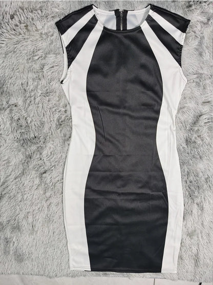 Mulheres elegantes vestidos de festa clube 2025 verão moda colorblock em torno do pescoço bodycon vestido sem mangas casual mini vestido preto