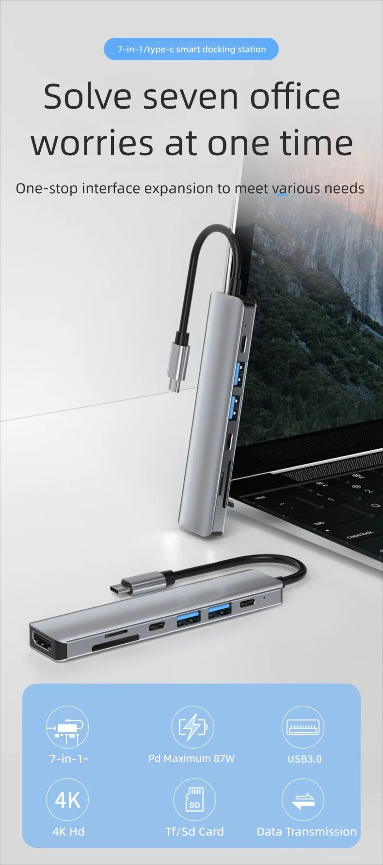 Usb 3.0 tipo-c hub para adaptador hdmi 4k 30hz sd tf cartão pd 87w divisor de carga rápida usb docking stations hub para macbook computar