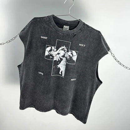 Crânio vermelho impressão de dedo buraco danificado saint tanque t das mulheres dos homens streetwear colete de grandes dimensões vintage washe preto sem mangas t camisa