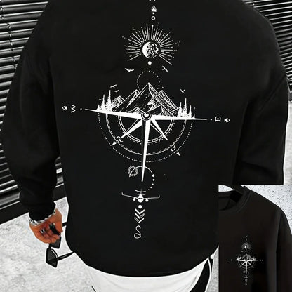Outono e inverno masculino moda casual solto montanha e bússola impressão gráfica manga comprida em torno do pescoço moletom