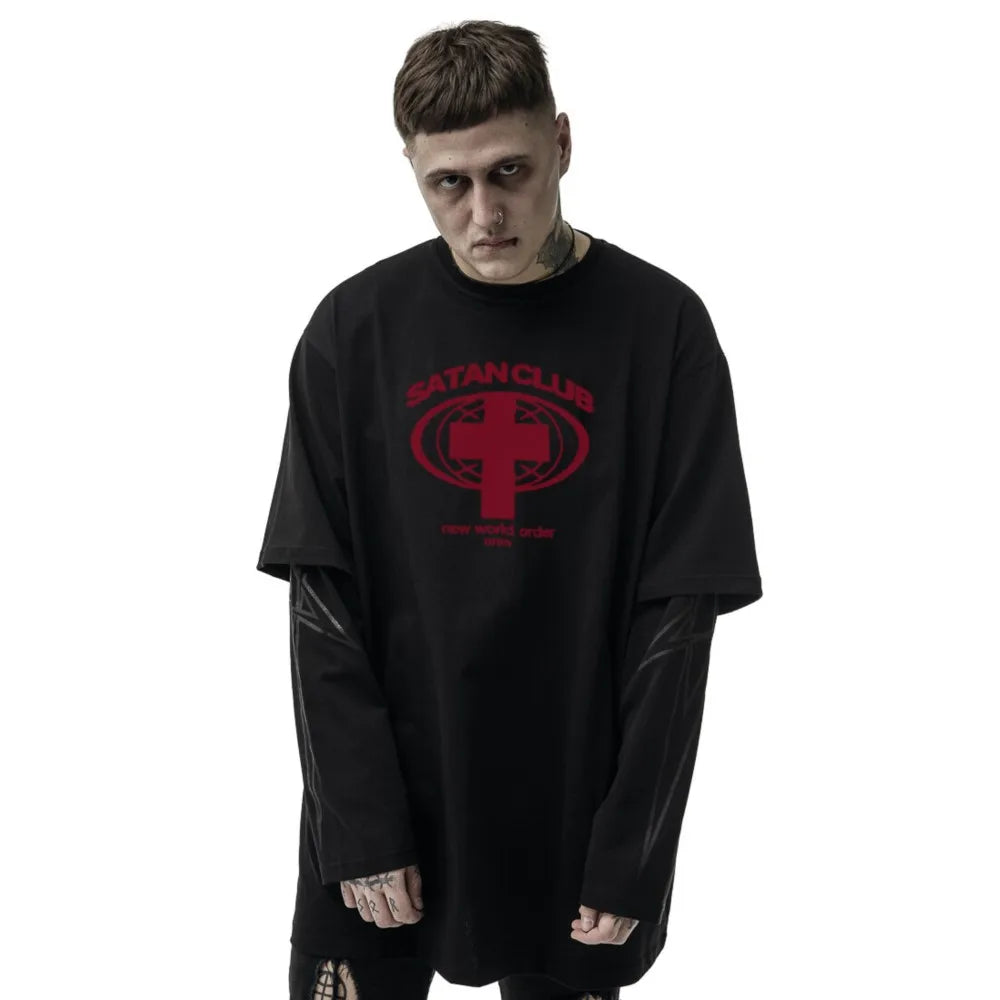 Camiseta gráfica estampada do Satan Club dos homens, roupas Hip Hop, tops de manga comprida, streetwear gótico, Harajuku, Y2K, Hip Hop, 2 peças