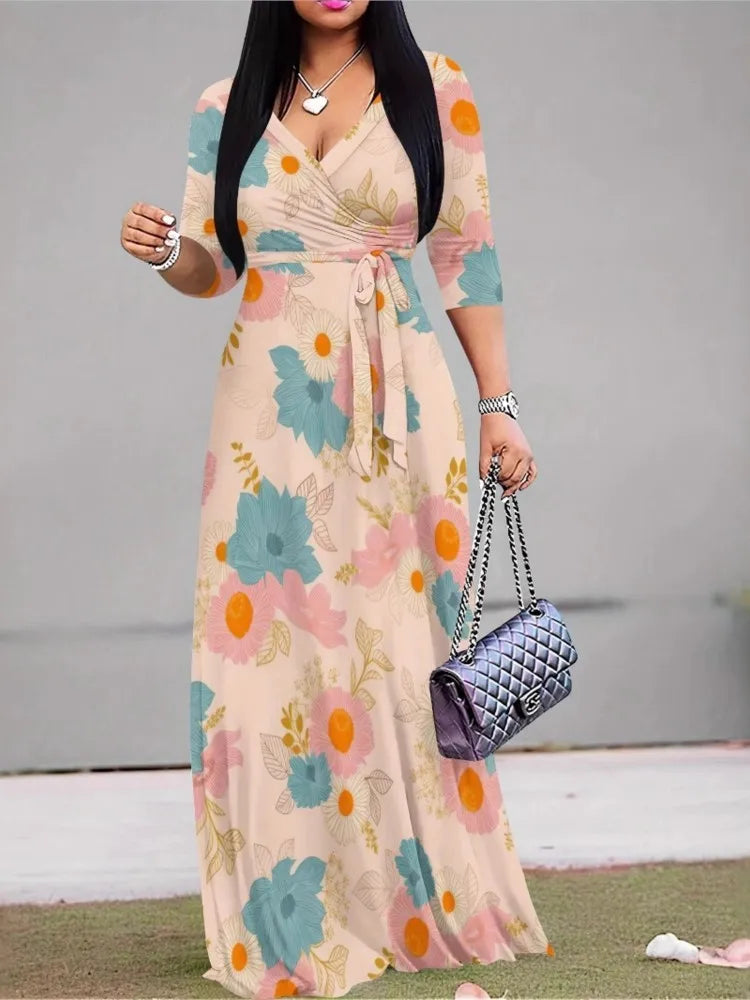 Moda feminina vestido de impressão para mulher casual sexy profundo decote em v rendas vestidos soltos robe femme férias de verão roupas femininas