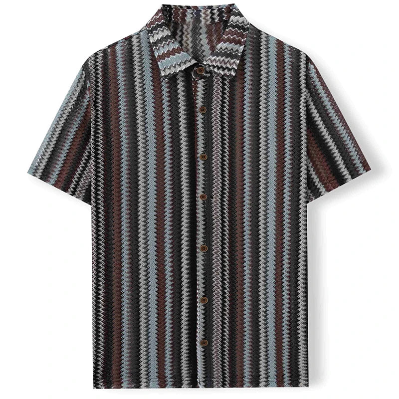 Novo étnico listrado masculino cardigan topos chique oco para fora manga curta casual camisa de renda moda streetwear premium blusa respirável