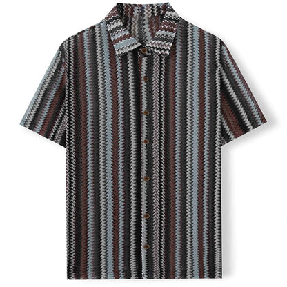 Novo étnico listrado masculino cardigan topos chique oco para fora manga curta casual camisa de renda moda streetwear premium blusa respirável