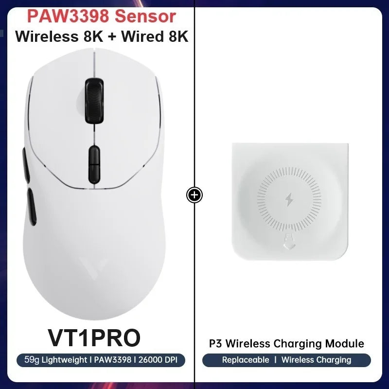 Rapoo vt3pro mouse para jogos sem fio 59g superleve 8khz taxa de pesquisa 26000 dpi paw3398 sensor óptico final longa vida útil da bateria