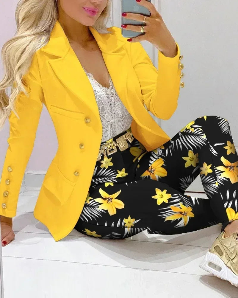 2025 feminino formal jaqueta e calças senhora do escritório outfits outono feminino duas peças conjunto impressão blazer casaco & calças terno conjuntos femininos