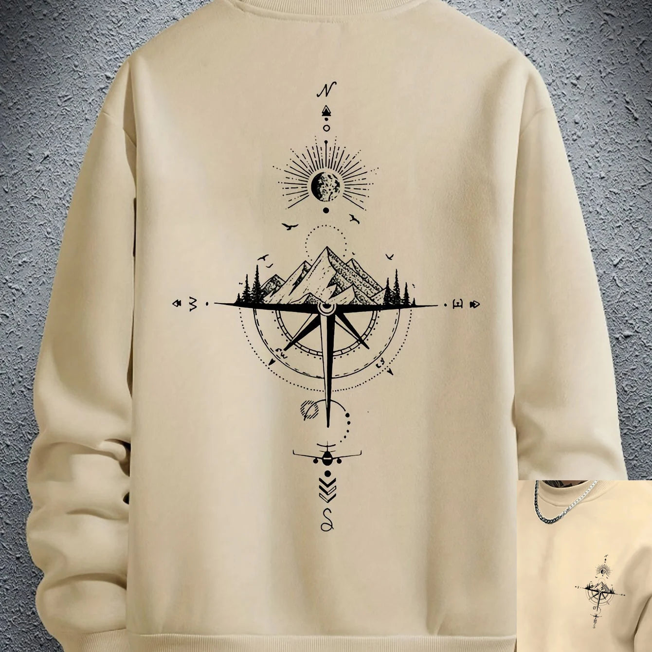 Outono e inverno masculino moda casual solto montanha e bússola impressão gráfica manga comprida em torno do pescoço moletom