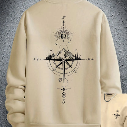 Outono e inverno masculino moda casual solto montanha e bússola impressão gráfica manga comprida em torno do pescoço moletom