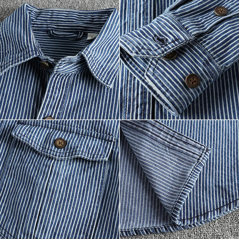 Camisa jeans vintage para homens, moda europeia e americana, casaco casual, tecido listrado com fios tingidos, lavado