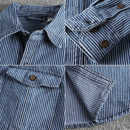 Camisa jeans vintage para homens, moda europeia e americana, casaco casual, tecido listrado com fios tingidos, lavado