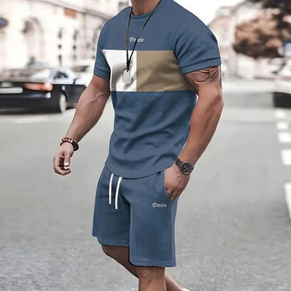 Conjunto de camiseta e shorts estampados em retalhos 3D masculino, traje de treino gola redonda, roupas esportivas casuais, roupas de manga curta, moda verão, 2 peças, 2024