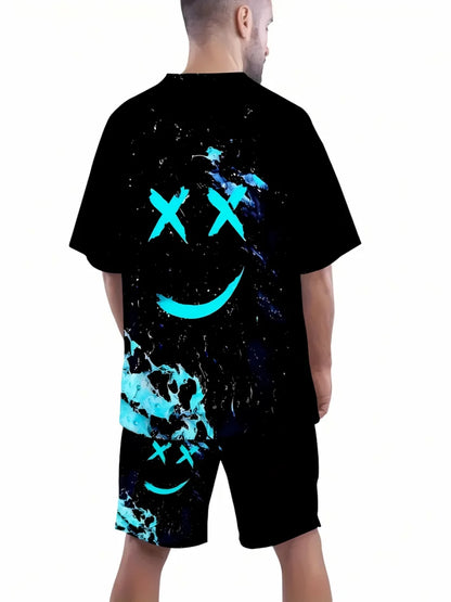 Camiseta masculina de verão com estampa de desenho animado, camiseta leve respirável de poliéster para homens, conjunto de shorts de manga curta