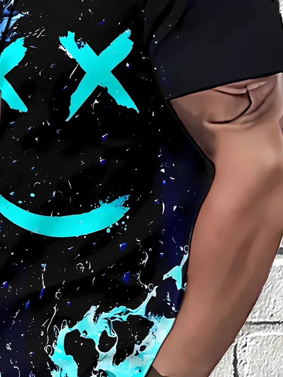 Camiseta masculina de verão com estampa de desenho animado, camiseta leve respirável de poliéster para homens, conjunto de shorts de manga curta