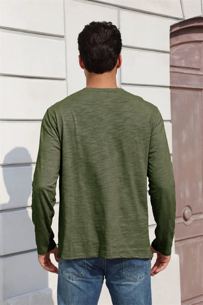 Outono nova camiseta masculina de manga longa casual estilo simples henley pescoço respirável leve algodão topos moda masculina