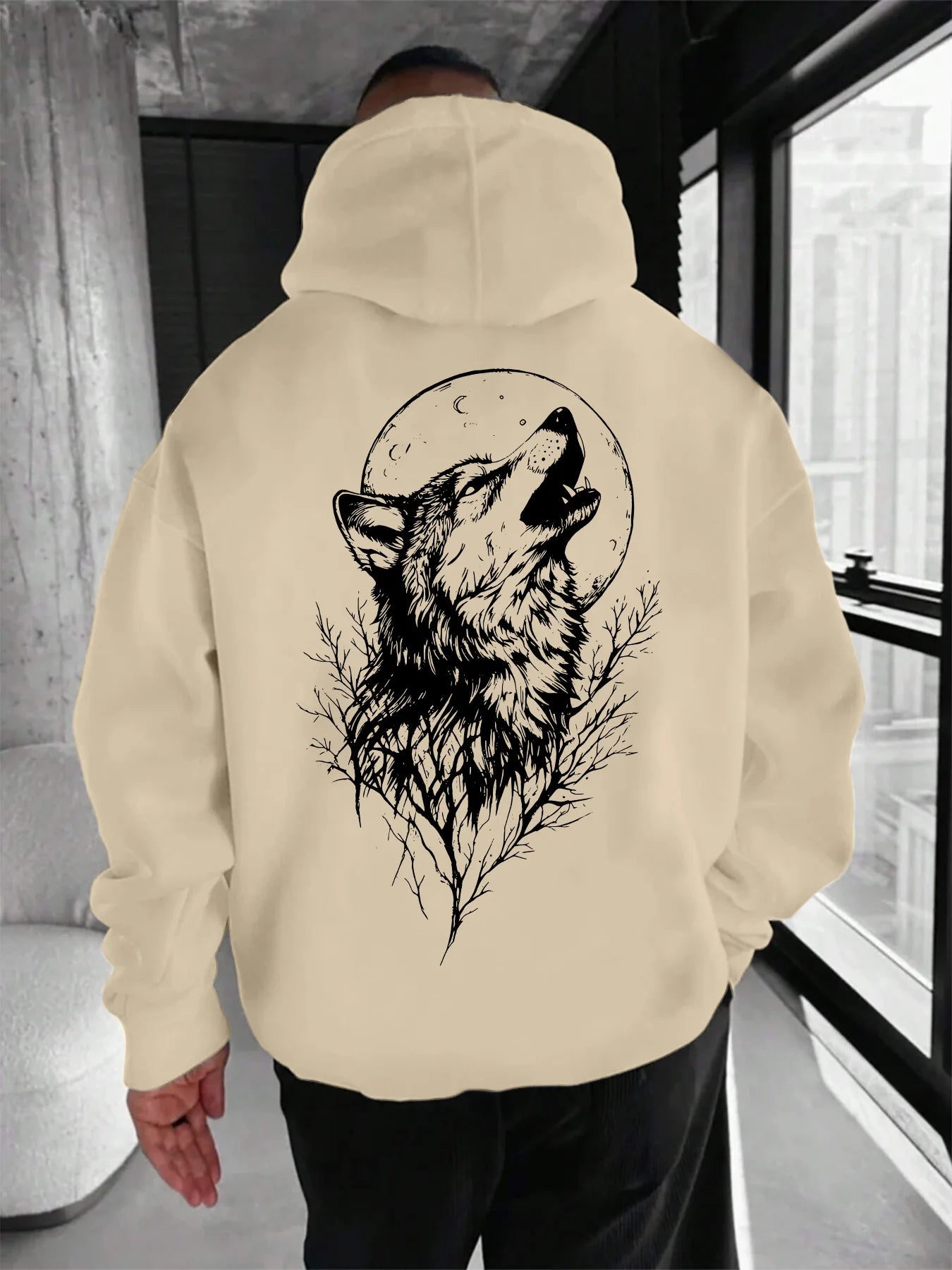 Estampa de cabeça de lobo, roupas confortáveis, casuais e elegantes, moletom com capuz personalizado de outono e inverno masculino
