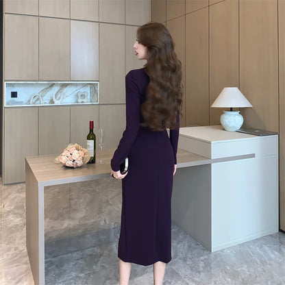 Purpled elegante plissado bodycon terno vestido para mulher 2025 moda coreana vestido formal outono inverno chique sob medida vestido de ocasião