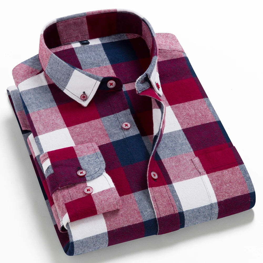 Moda masculina casual xadrez escovado camisa de manga longa, confortável 100% algodão botão para baixo fino ajuste grosso flanela camisas de outono
