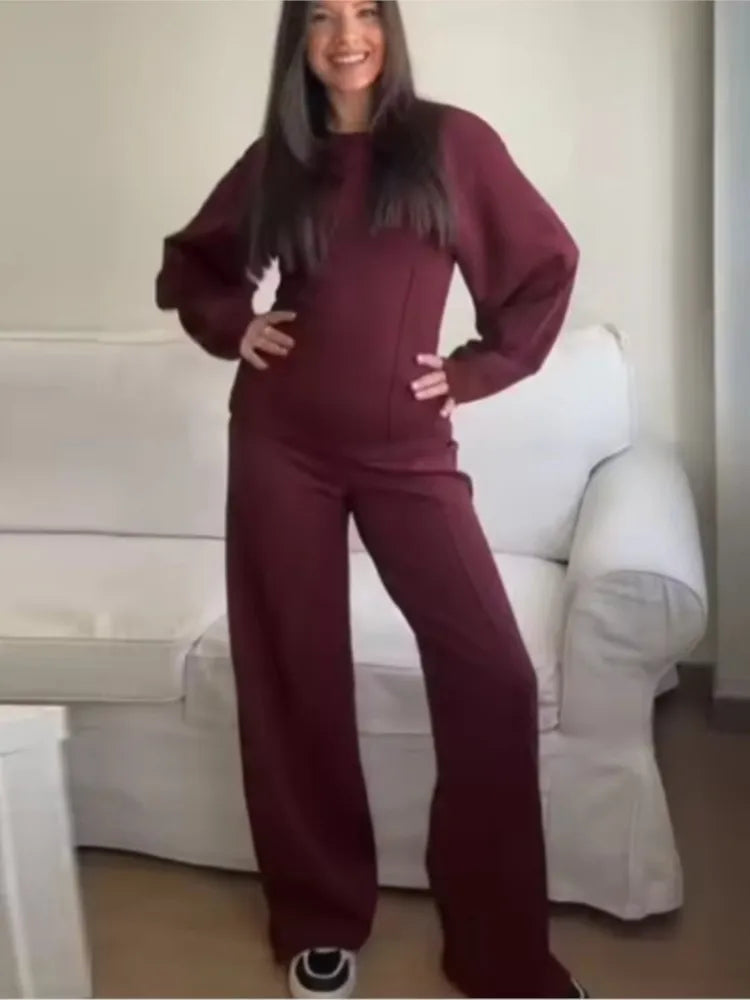 Mulher casual sólido conjunto de duas peças moda o pescoço mangas compridas magro topos calças de perna larga ternos outono inverno senhora roupa de escritório