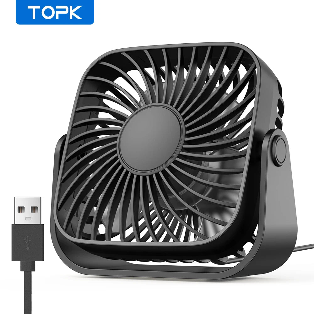 TOPK 4 Polegadas USB Mini Ventilador Portátil para Acampamento, Ventilador Pessoal de Mesa Silencioso de 3 Velocidades, 360 ° Ajuste de ventiladores de pé para sala de casa
