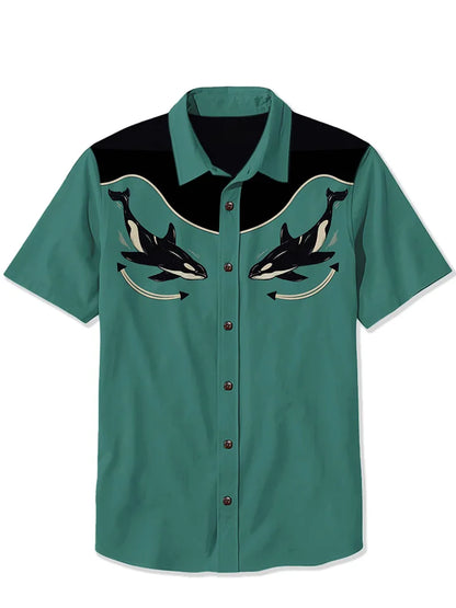 Camisa masculina de manga curta estilo cowboy ocidental, confortável, respirável, verão, arte, botão, camisas havaianas divertidas